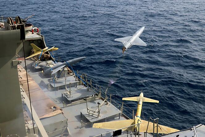 In this photo released by the Iranian military on August 25, 2022, a drone is launched from a warship during a military exercise.