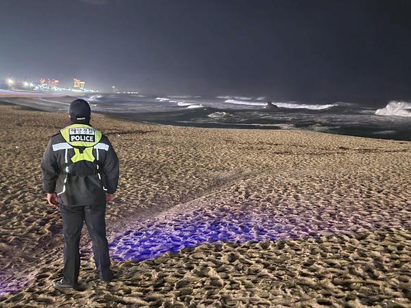 A member of the Korean Coast Guard patrols a beach to monitor possible sea level changes following the earthquake in Japan.