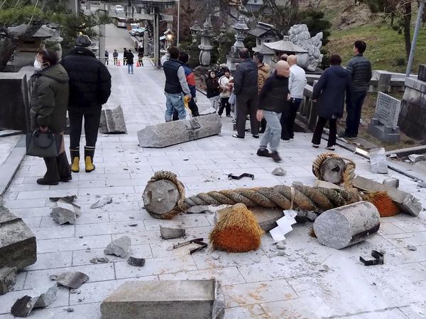 A torii gate is damaged after an earthquake at a shrine in Kanazawa, Ishikawa Prefecture.