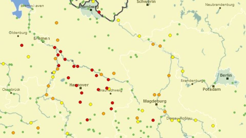 A map shows the water levels during floods in Lower Saxony