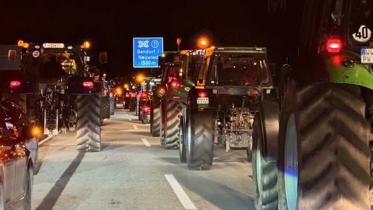 Farmers drive their tractors in columns on the A48 motorway.  (Photo: picture-alliance / Report Services, Picture Alliance)
