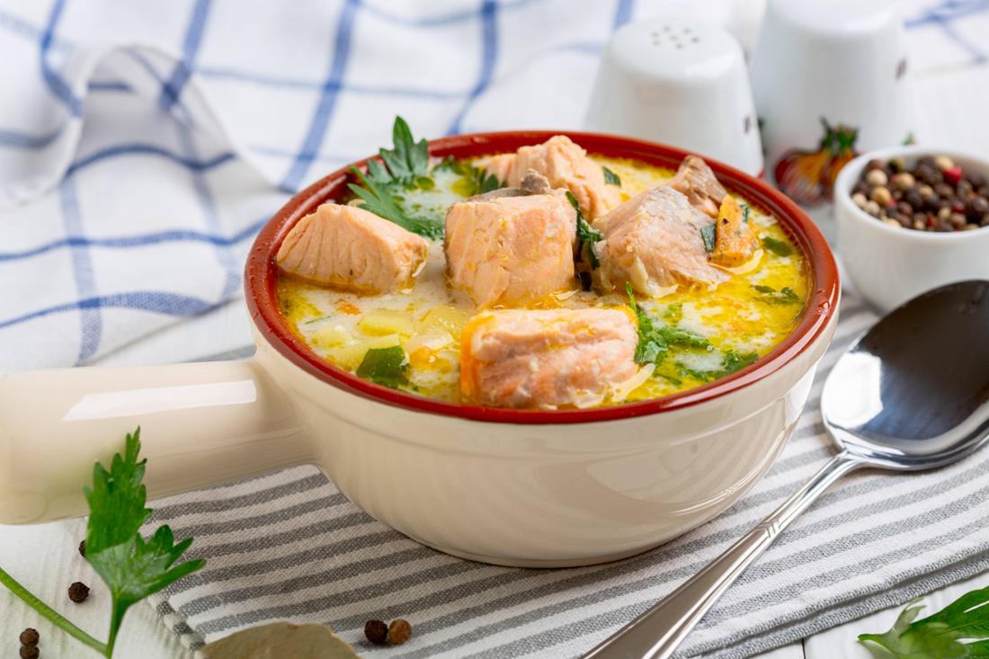 Finnish fish soup with salmon in a bowl