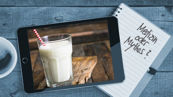 There is a tablet on a table with a picture of a glass of milk.  The words are on a notepad "Medicine or myth" to read (montage) © Colourbox/Fotolia Photo: Blackzheep/philipphoto