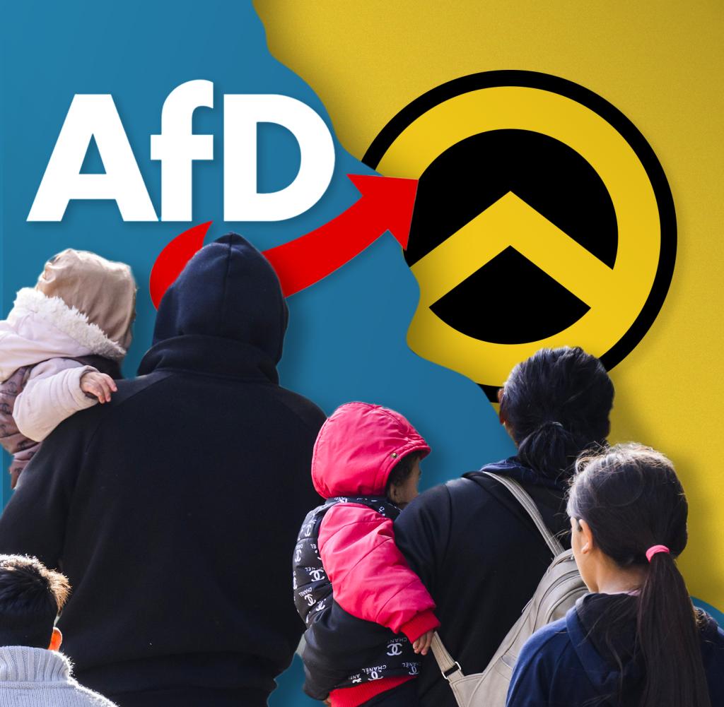 The concept of “remigration” popularized by the Identitarian Movement (logo on the right) is well received by some AfD politicians