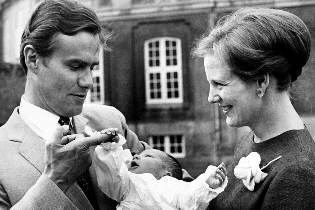 Margrethe is holding her first son in her arms – and with him the future heir to the throne!  The princess and husband Prince Henrik presented their first-born son Frederik to the press on June 1, 1968.
