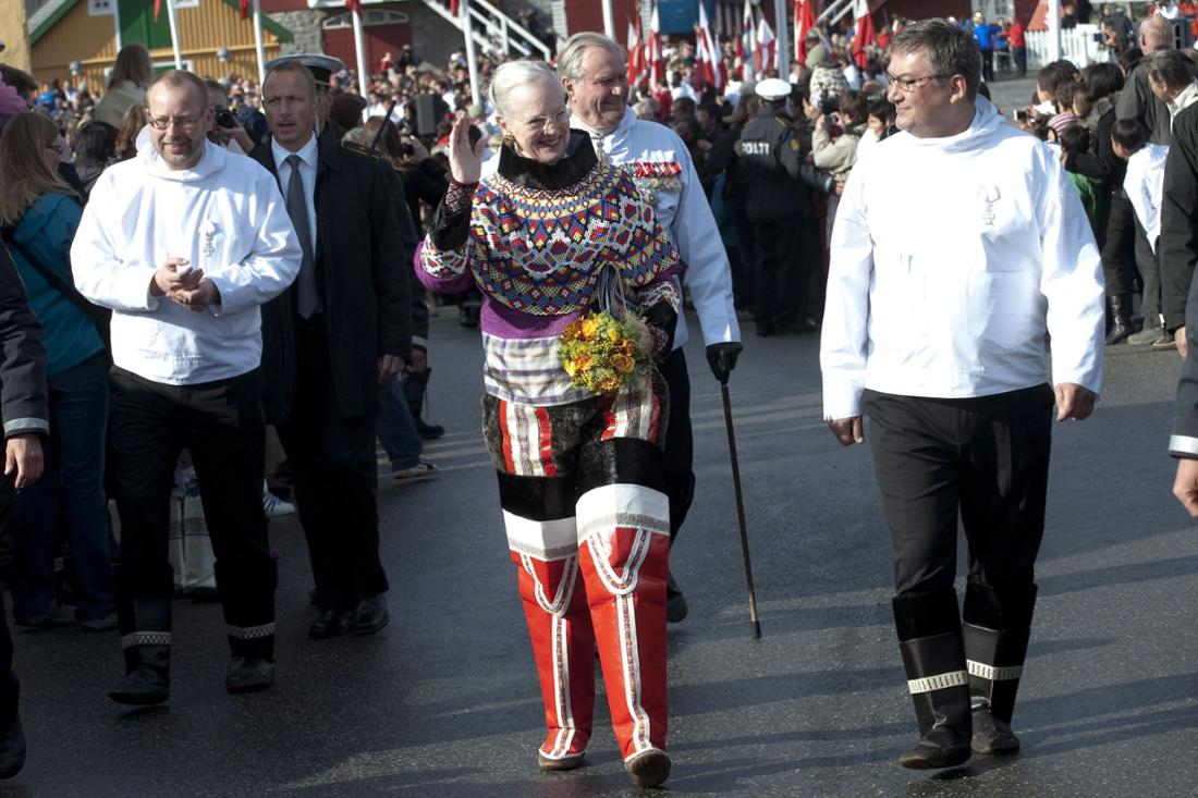 Margrethe is also head of state of Greenland.  Here she can be seen wearing traditional Greenlandic clothing during a state visit in June 2009.