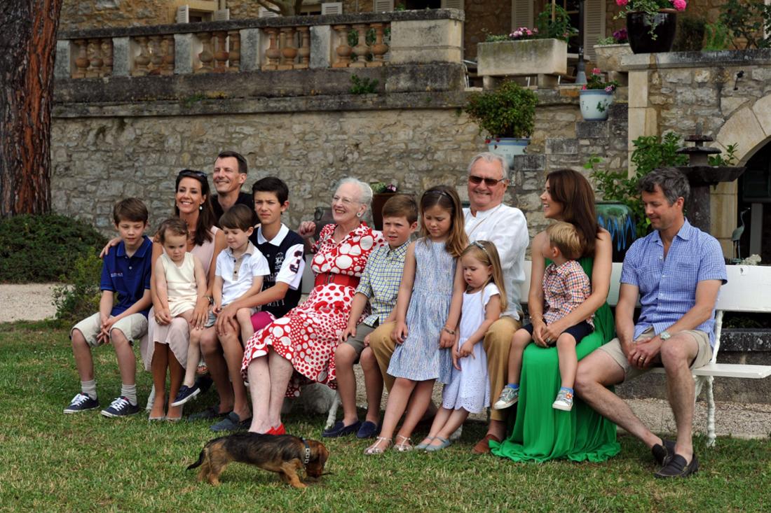 Casual family gathering for Prince Hendrik's 80th birthday at the Chateau de Cayx, near Cahors.  The Danish royals have gathered in the garden, from (l. to r. ) Prince Felix, Princess Marie, Prince Joachim, Princess Athena, Prince Henrik, Prince Nikolai, Queen Margrethe II, Prince Christian, Princess Isabella, Prince(husband) Henrik, Princess Josephine, Crown Princess Mary, Prince Vincent and Crown Prince Frederik