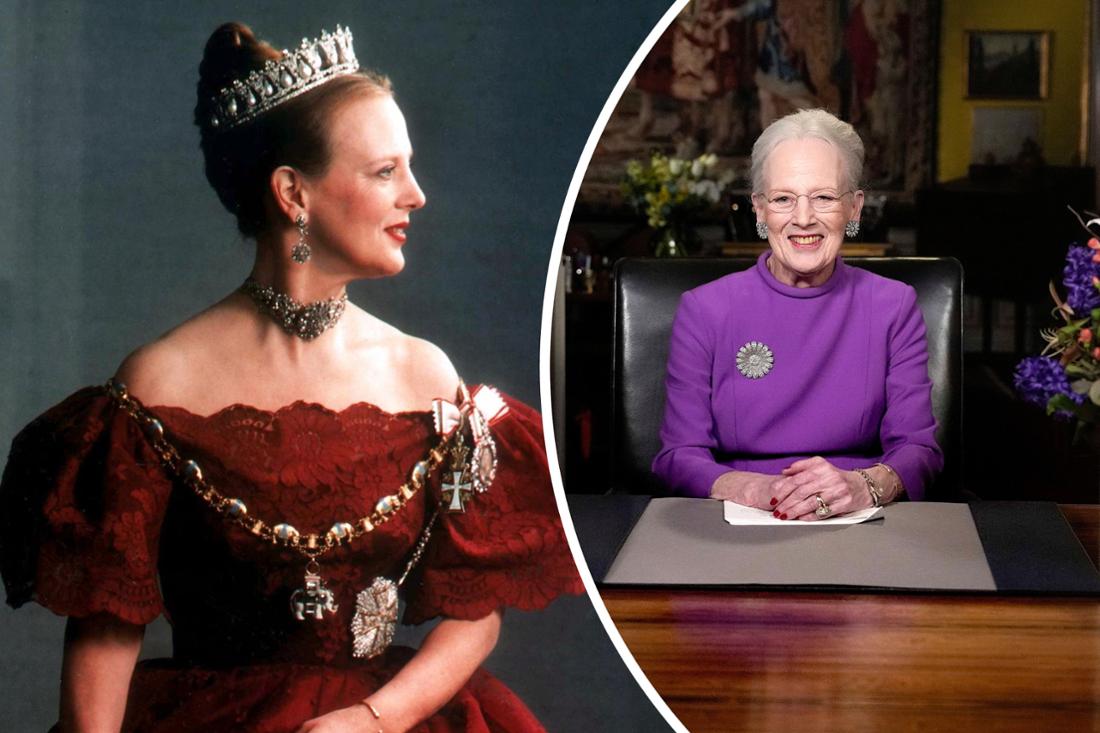 There are 24 years between the images, or half of Queen Margrethe's reign.  The portrait on the left shows her on her 60th birthday, on the right when she abdicated in 2023/2024. 