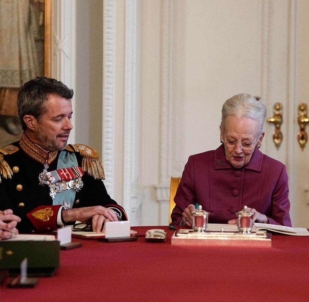The moment the queen abdicates for her son (left).