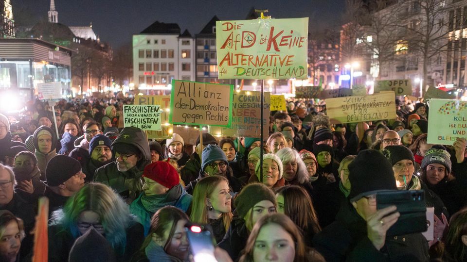 Crowd with signs at a demonstration against the AfD