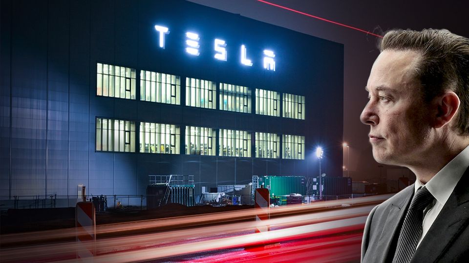 Elon Musk, a man in profile, in front of a company that says Tesla