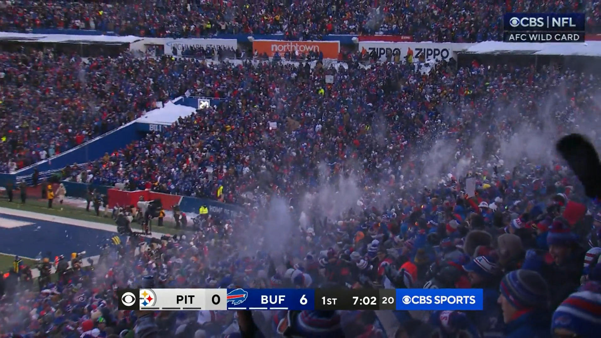 Snowball fight after touchdown!  Bills fans celebrate in the stands