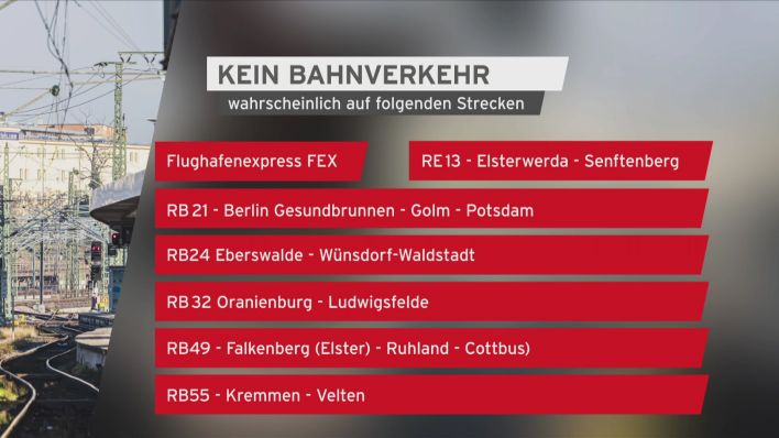 Trains that will be canceled in Brandenburg from January 23, 2023 due to the GDL train drivers' strike (source: rbb).