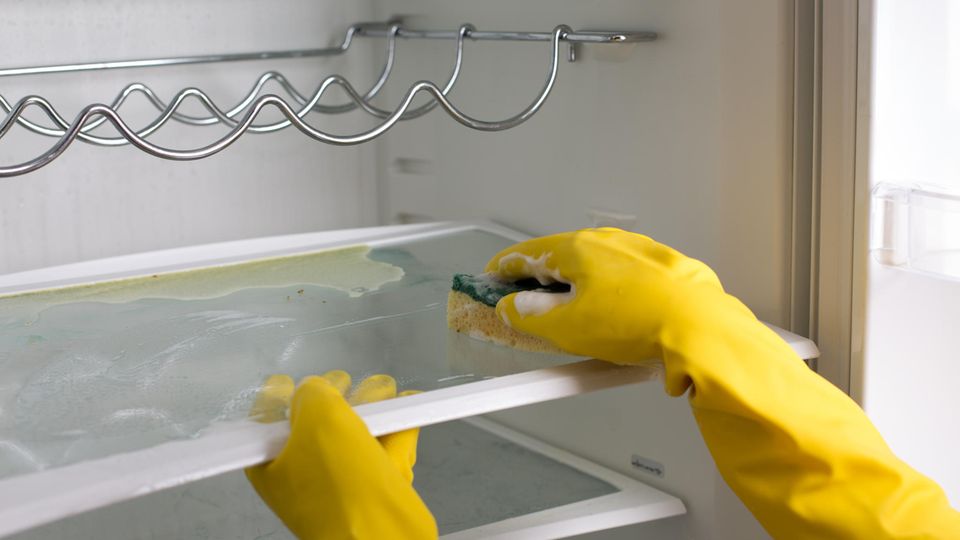 Mid section of janitorial cleaning fridge with spray bottle and sponge