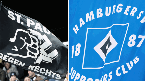 the flag of the HSV Supporters Club and a flag of FC St. Pauli against the right.  © picture alliance Photo: Eibner press photo, press photo ULMER/Bjoern Hake