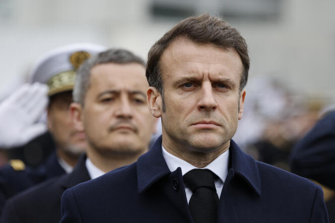 Gérald Darmanin and Emmanuel Macron, during the ceremony in tribute to Chief Marshal Arnaud Blanc, on the Versailles-Satory GIGN base, in Versailles, March 31, 2023.