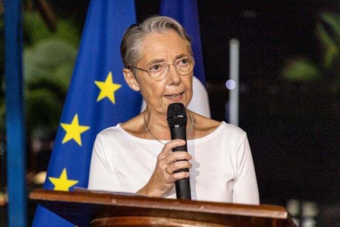 Prime Minister, Elisabeth Borne, delivers a speech at the forward operating base of the 9th Marine Infantry Regiment, during her two-day visit to Guyana, in Maripasoula, on December 31, 2023.