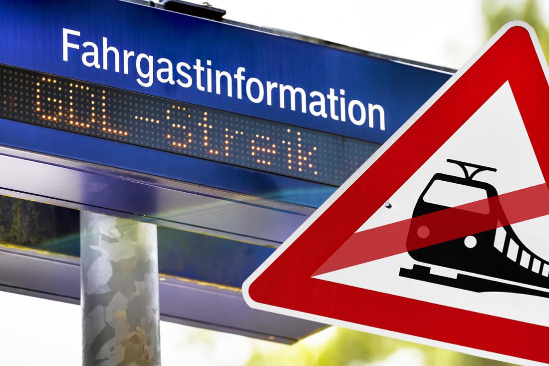 Anzeigetafel an einem Bahnsteig mit der Aufschrift GDL-Streik und durchgestrichenes Bahn-Schild (Fotomontage).