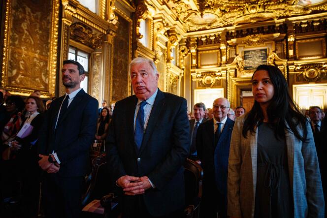 The President of the Senate, Gérard Larcher, center, attends the solemn hearing of the Court of Cassation in Paris, January 12, 2024.  