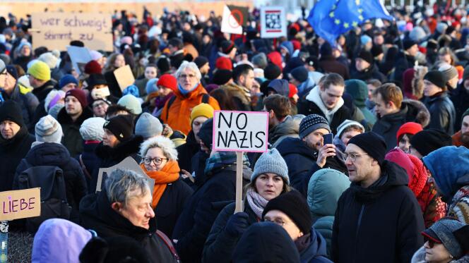 Protesters against the far right gathered in front of the Reichstag Palace in Berlin, Germany, Sunday January 21.