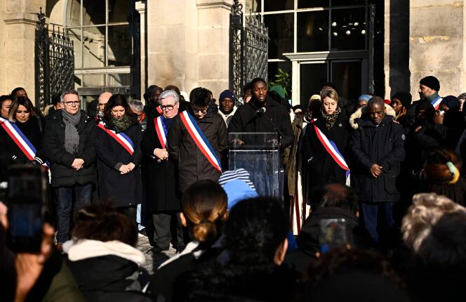 The brother of Sedan, a 14-year-old teenager stabbed on a platform at the Basilique-de-Saint-Denis metro station at the beginning of the week, next to the mayor of Saint-Denis, Mathieu Hanotin, gives a speech in tribute to his brother died, during a gathering, on January 20, 2024, in Saint-Denis.