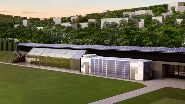Sustainable information technology: The data center with the attached greenhouse could one day look like this visualization.