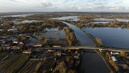 An aerial view of the village of Clairmarais, in Pas-de-Calais, after flooding, November 17, 2023. (ANTHONY BRZESKI / AFP)