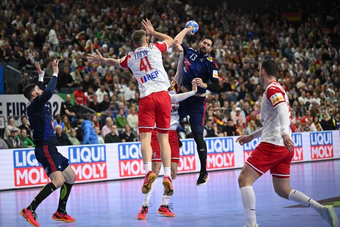 Nikola Karabatic on the tor during the meeting between France and Croatia at the Euro handball, January 18, 2024 in Colleogne (Germany).