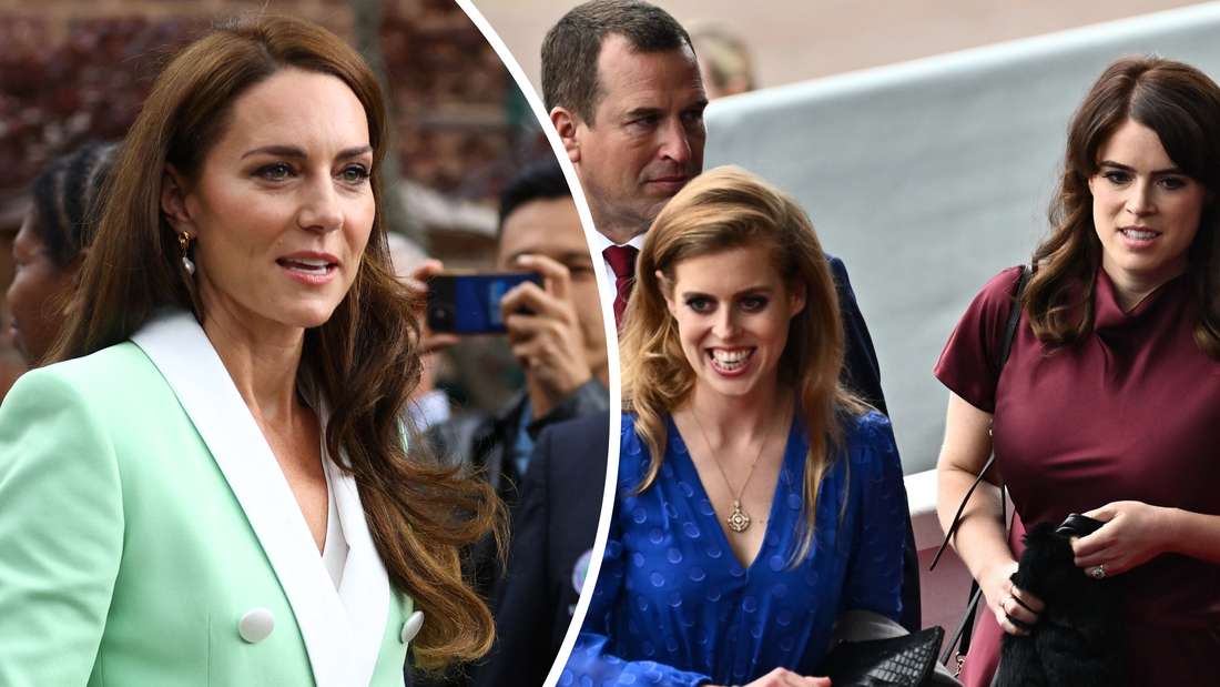 Kate Middleton (left) has enough to do, but strictly speaking she doesn't have a comparable job to Princess Beatrice (in blue), Princess Eugenie (right) or Peter Phillips (photomontage). 