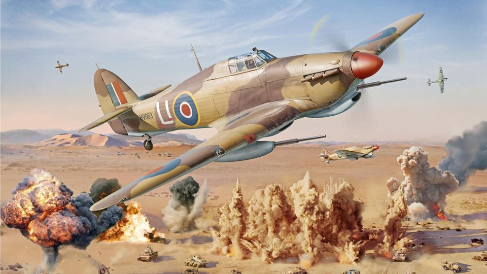 The Hawker Hurricane Mk IID is a tank buster equipped with 40 mm cannons.  A squadron of German Afrika Korps troops attacks here.