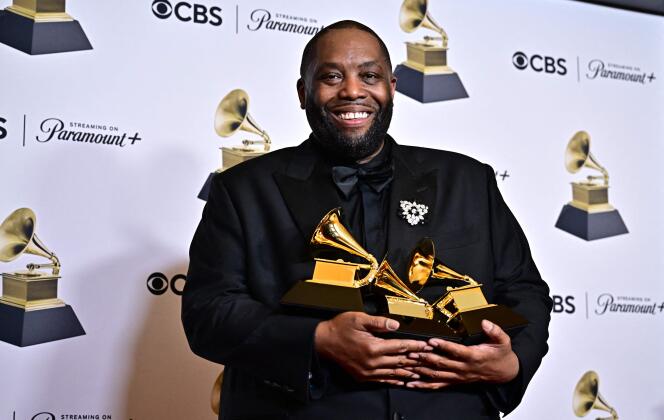 American rapper Killer Mike with his three gramophones during the 66th annual Grammy Awards at the Crypto.com Arena in Los Angeles, February 4, 2024.