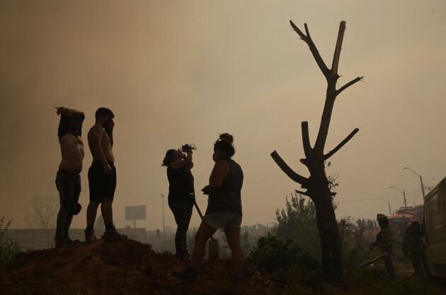 Residents help firefighters fight a forest fire in the hills of Quilpué, Chile, February 3, 2024.