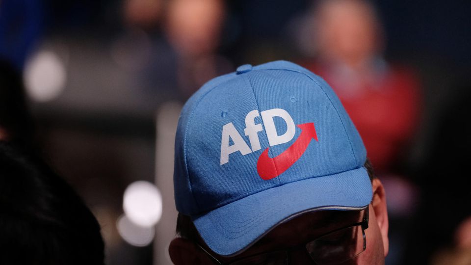A man wears an AfD cap