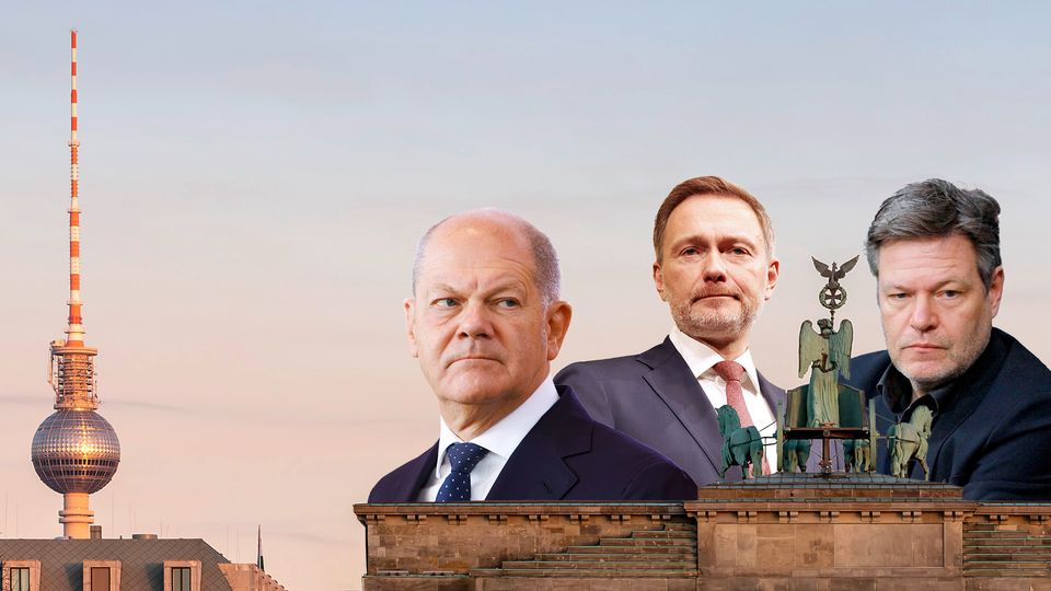 Collage shows Olaf Scholz Christian Lindner and Robert Habek in a portrait on a picture of a Berlin city scene