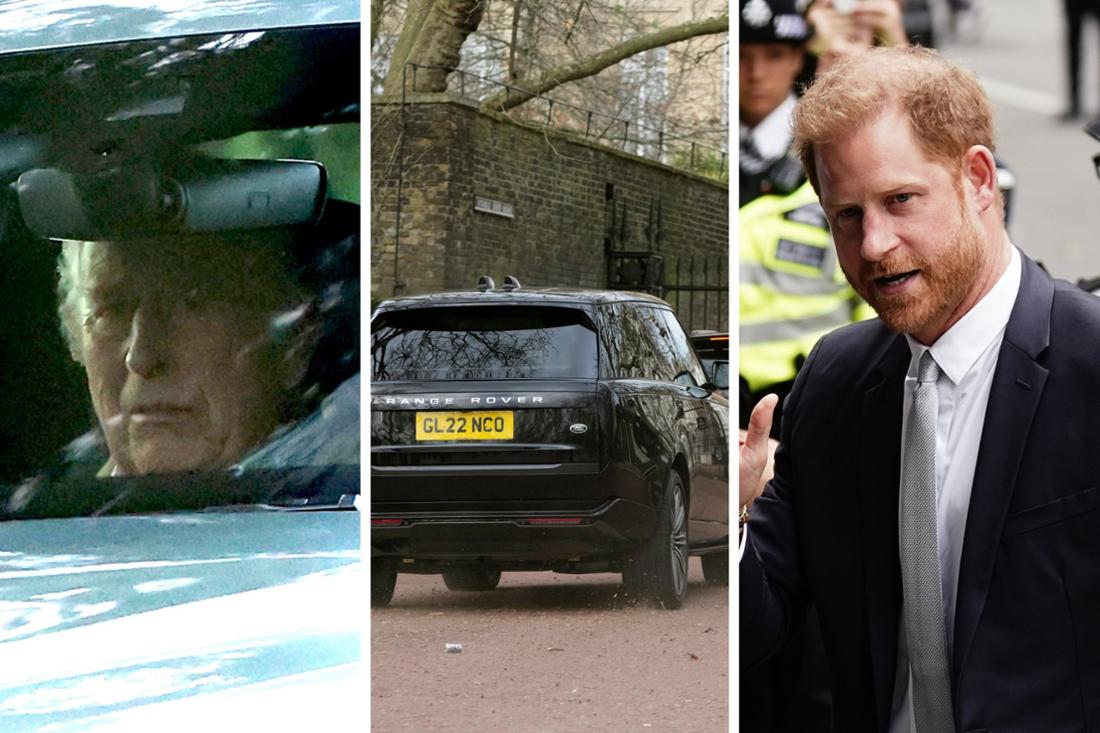 King Charles in the car.  Two black SUVs, believed to be driving Prince Harry, arrive after the announcement of King Charles III's cancer diagnosis.  at Clarence House.  Prince Harry arrives at the Rolls Buildings to testify in the spying trial against British publisher Mirror Group Newspapers.  (photomontage)