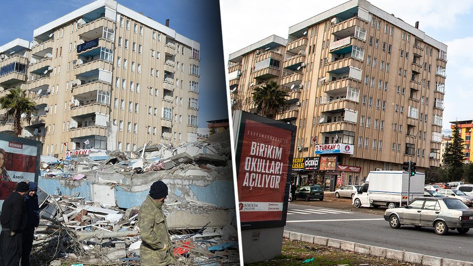 Kahramanmaraş then – and now.  Much of the rubble has been removed, but traces of the earthquake can still be seen in the city