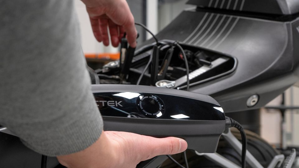 Ctek CS One battery charger on the motorcycle