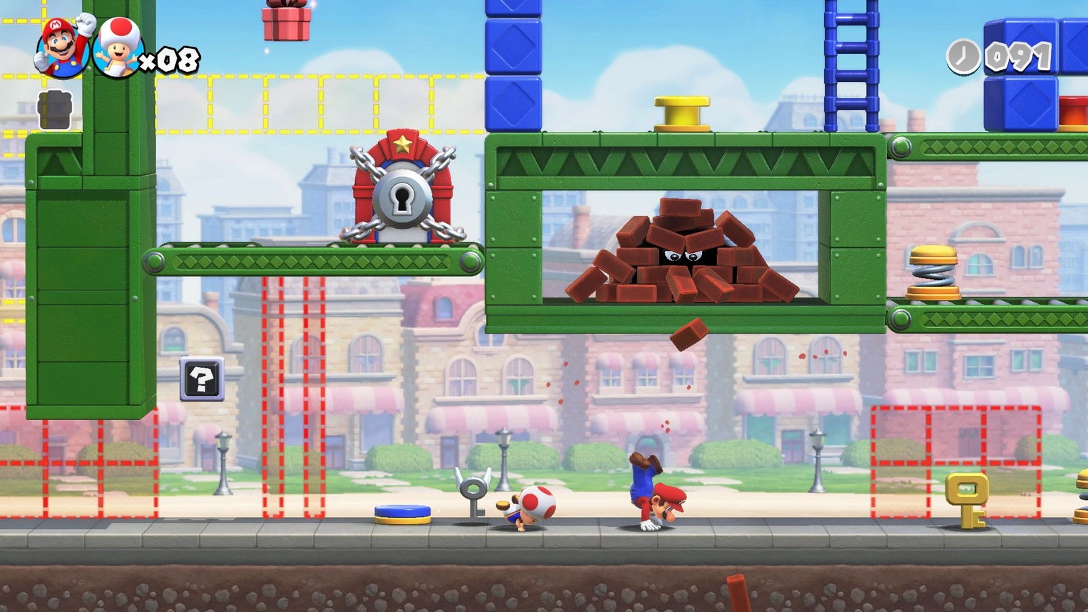 Super Mario is protected from falling objects by doing a handstand.