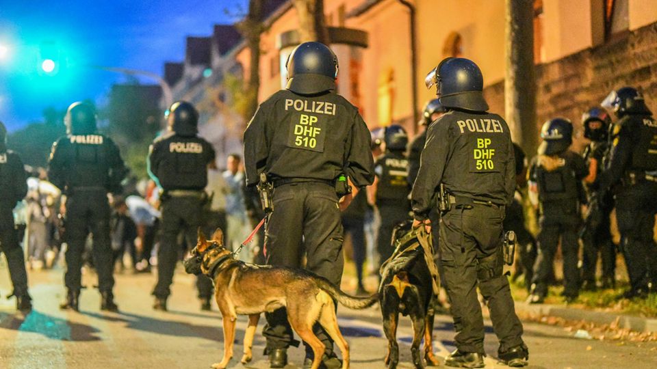 Police forces stand on the street with dogs after riots at an Eritrea event in Stuttgart