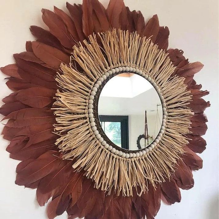 Large Raffia Mirror, Feathers And Pearls 