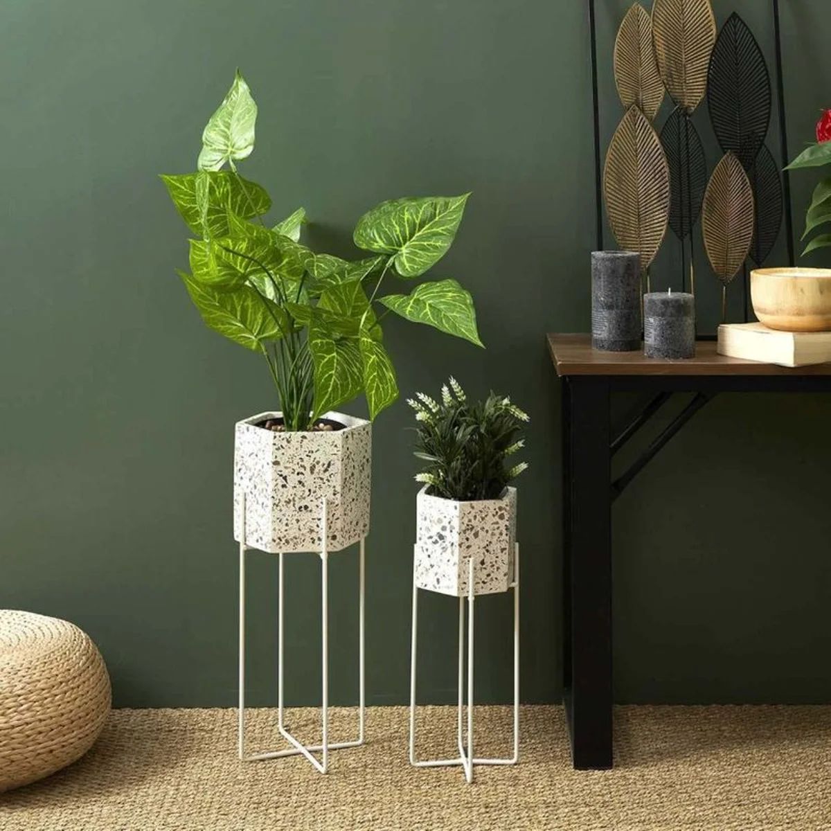 Set of 2 Terrazzo Ceramic and Metal Plant Stands 