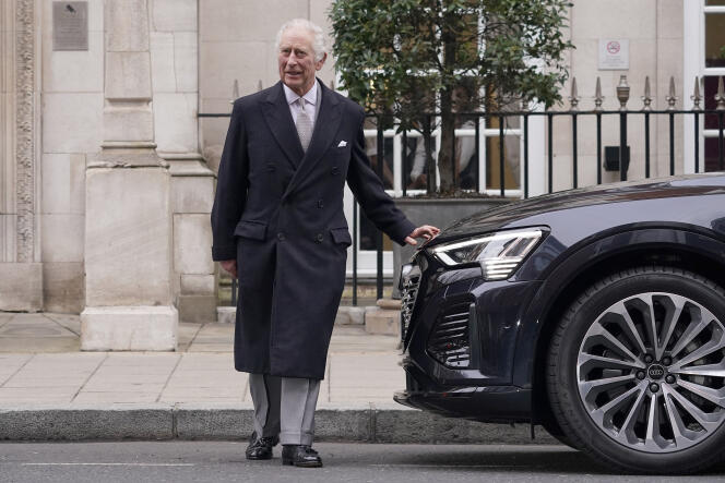 King Charles III leaving a clinic in London, January 29, 2024. 