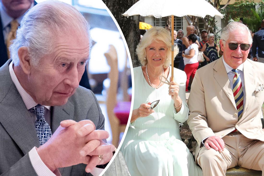 On the left, King Charles at an appointment at Buckingham Palace, on the right, Camilla and Charles in March 2019 during their Caribbean tour.