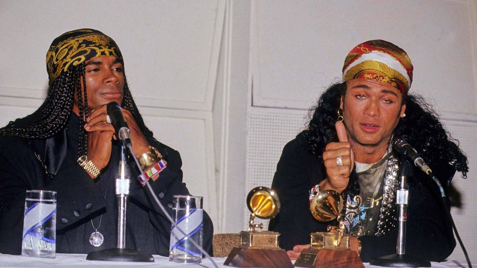 Milli Vanilli at a press conference in Los Angeles