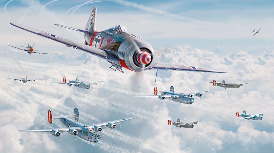 This illustration shows a moment shortly before a P-51 took fire and shot down the successful fighter Klaus Bretschneider's Fw-190A-8 over Kassel.
