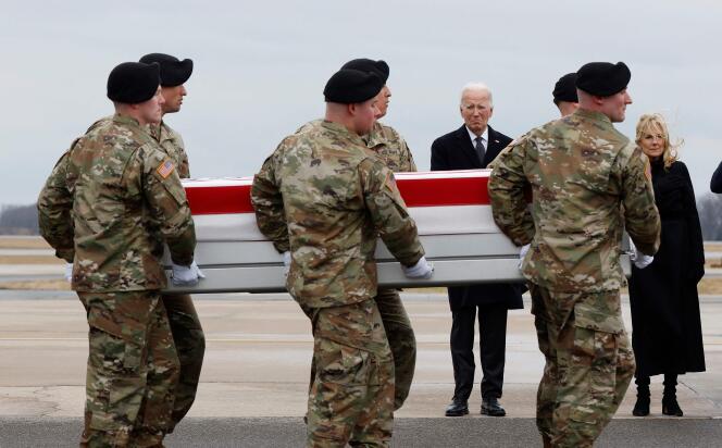 US President Joe Biden and his wife Jill Biden pay tribute to three US service members killed in Jordan.  At Dover Air Force Base (Delaware), February 2, 2024.
