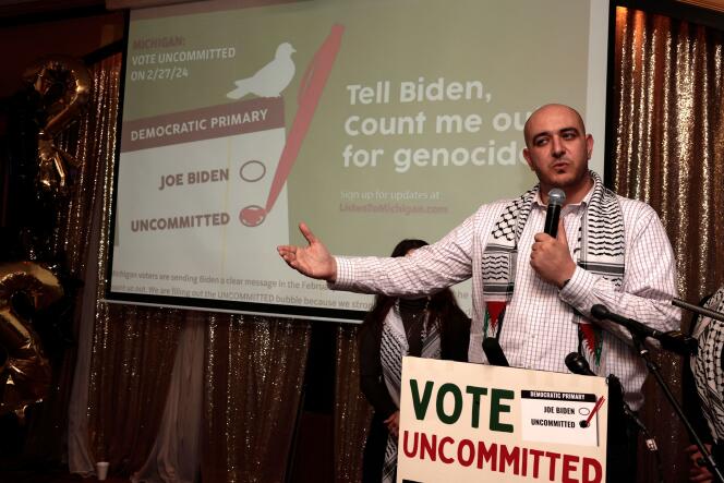 Abbas Alawieh, spokesperson for the “Listen to Michigan” movement, which promoted the “uncommitted” vote in the primary of this state to demonstrate his dissatisfaction with the policy of support for Israel led by Joe Biden.  In Dearborn, Michigan, February 27, 2024.