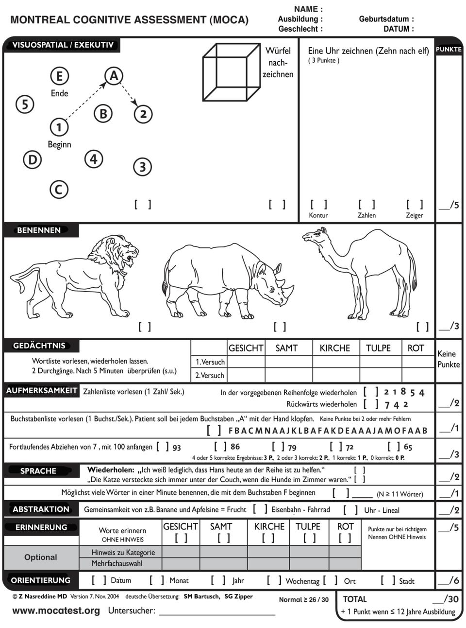 The form for that "Montreal Cognitive Assessment"-Procedure