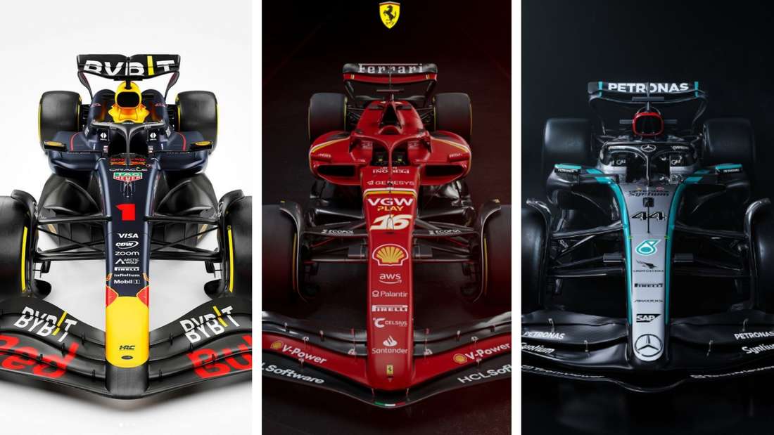 The cars from Red Bull (from left), Ferrari and Mercedes.