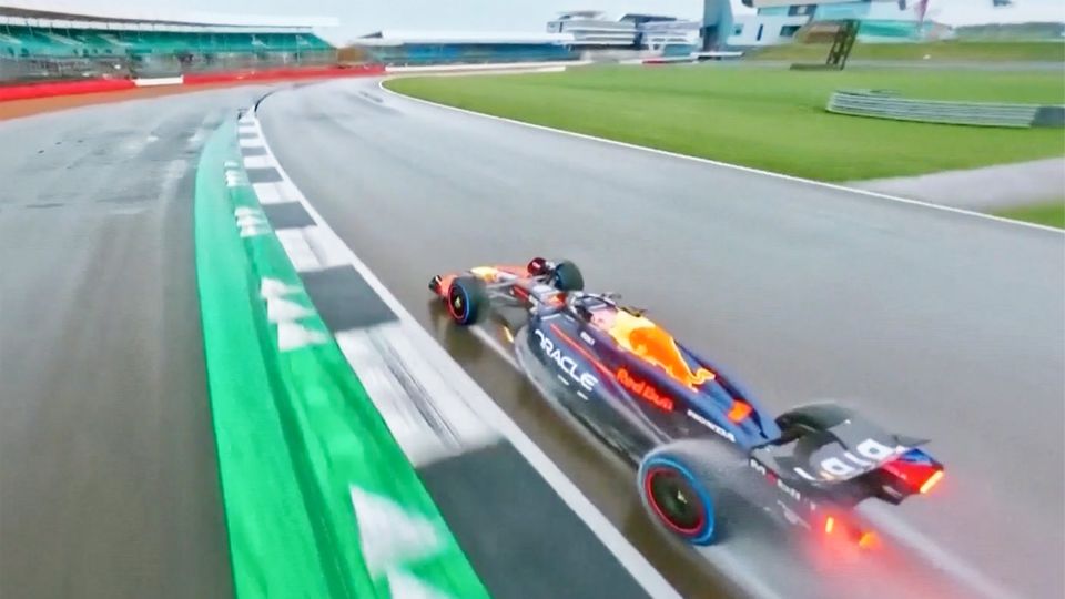 Drone films world champion Max Verstappen on the race track in Silverstone, Great Britain
